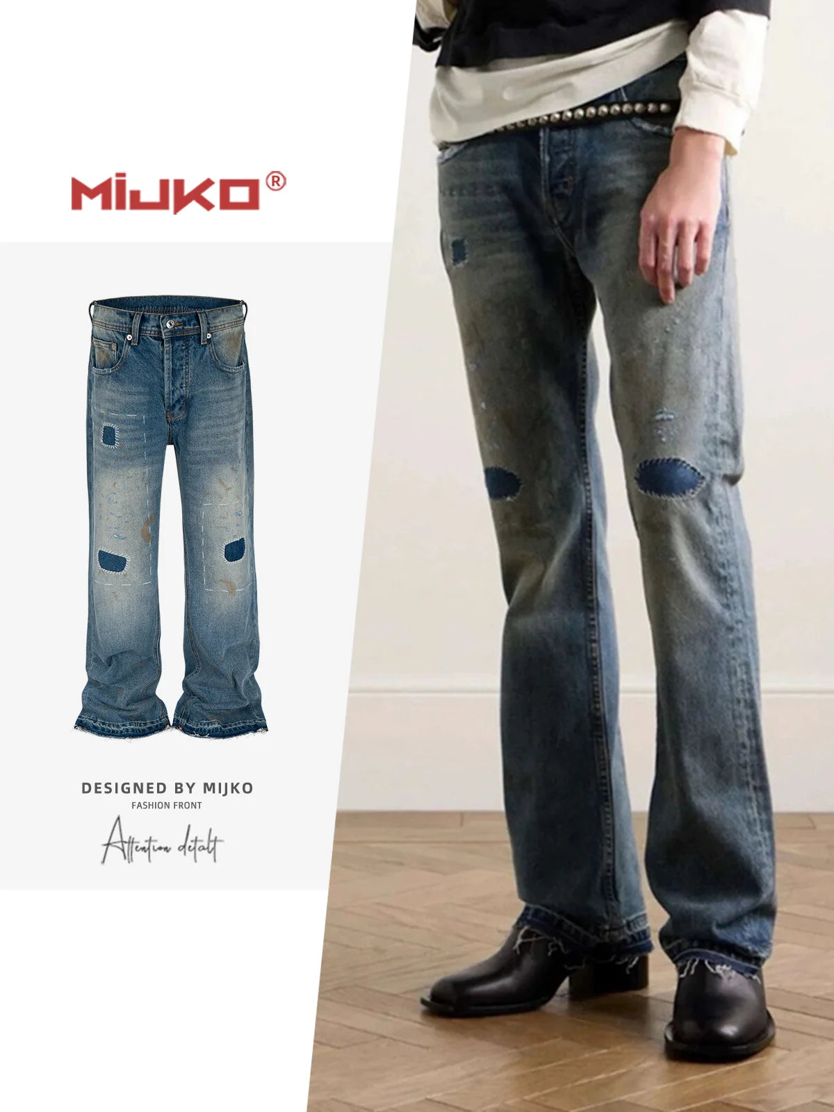 MIJKO Washed Frayed Vintage Jeans Pants Mens Straight Retro Casual Denim Trousers Cargos FJ069